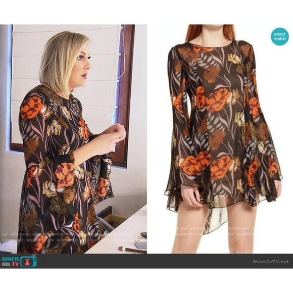 Katie May Size Small Bell Sleeve Black 70s Floral Dress Sheer Mini Dress - Picture 1 of 13